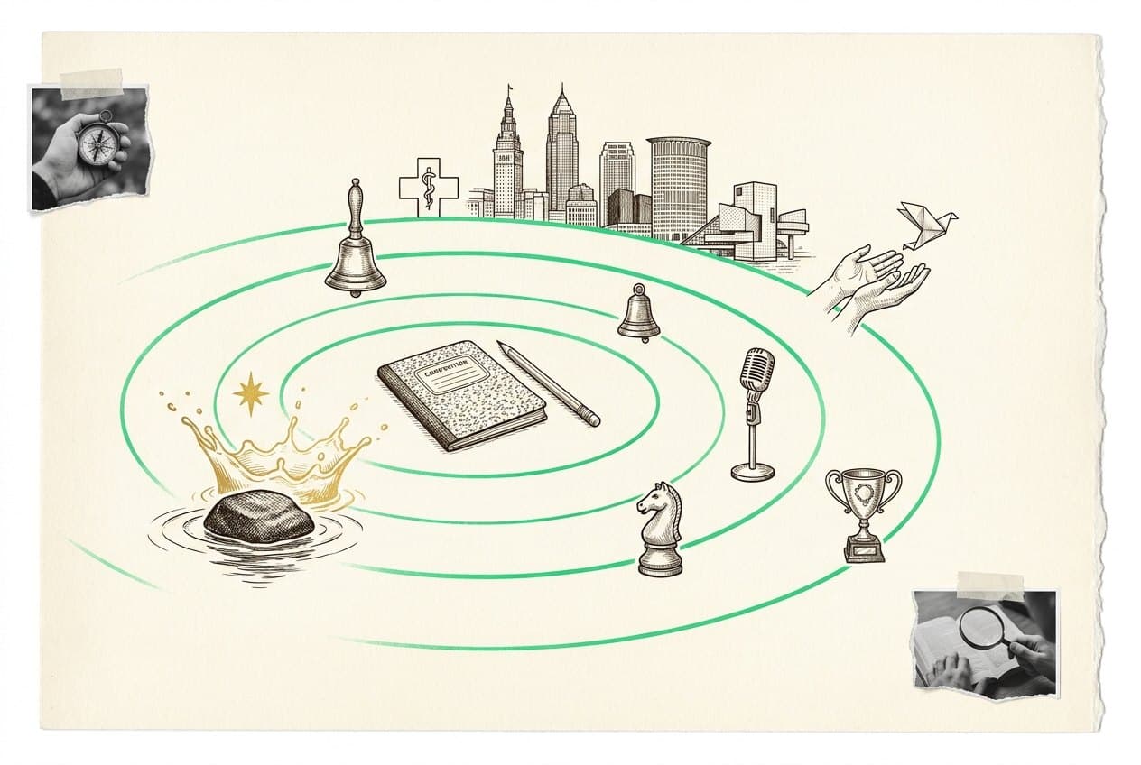 Three rings spreading outward from a notebook: the student, the school, and the city beyond