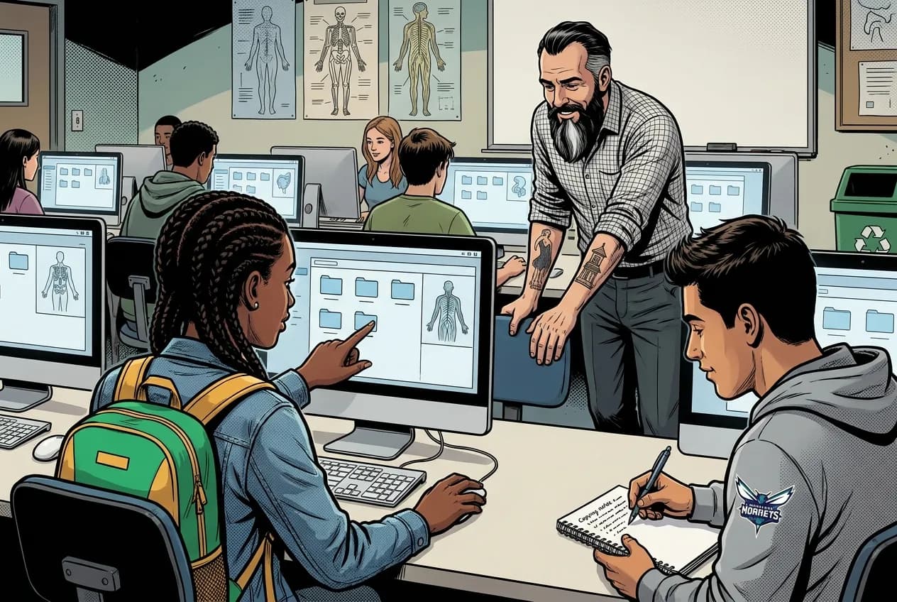 Drawing, panel 2: How to use the class website.