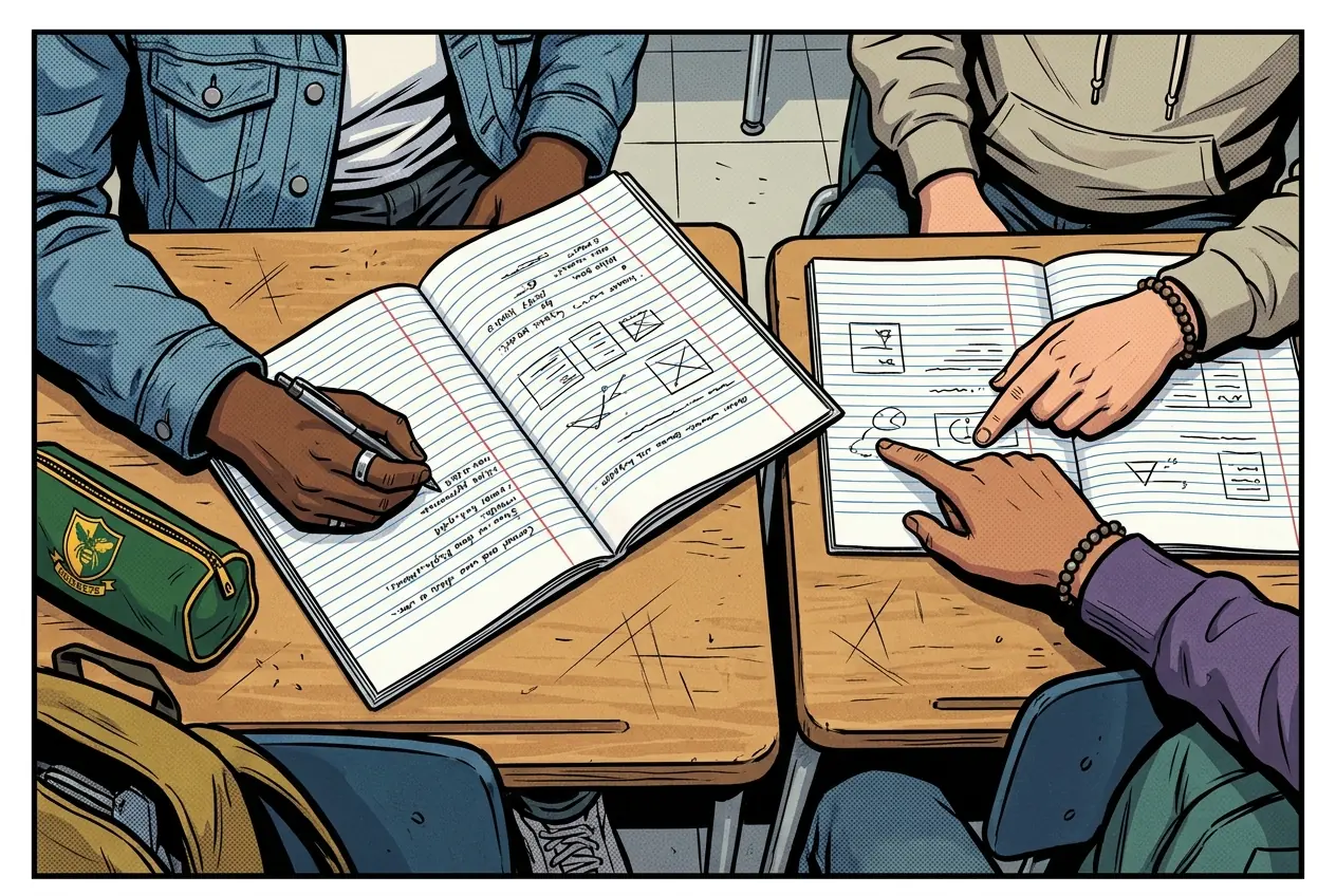 Comic panel 3: Cornell notes and the 6 Rs. Record, Reduce, Review, Reflect, Recite, Revise. He made us Reduce notes we had just taken, and it showed how much I had written down and could not say back.