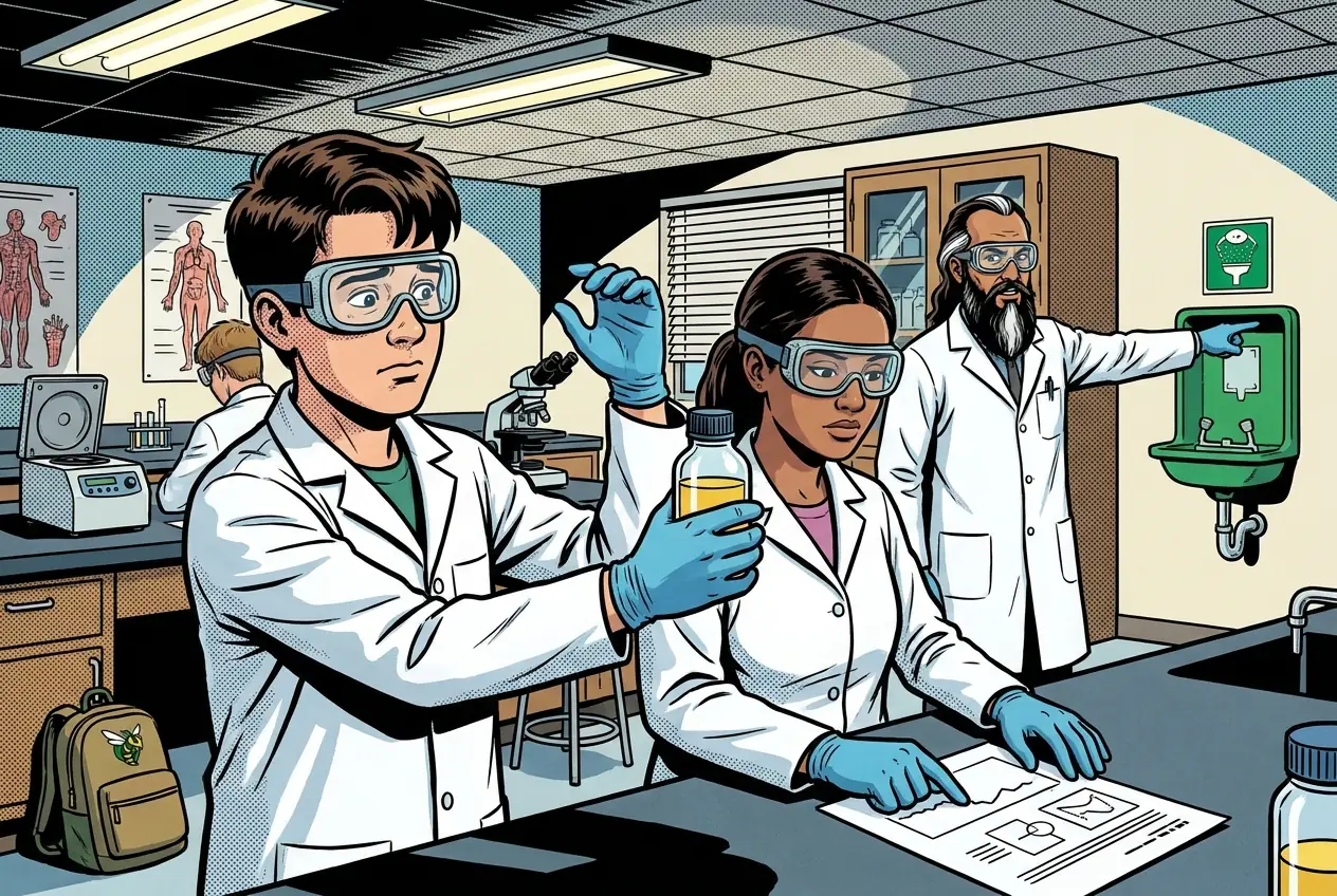 Drawing, panel 4: Lab safety and how to submit.