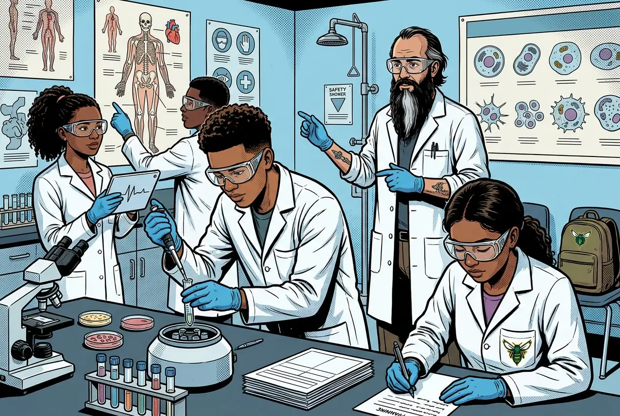 Drawing, panel 7: Lab safety and SDS.