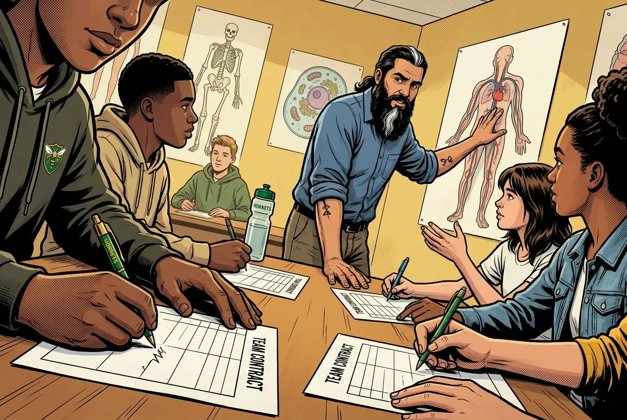 Comic panel 15: Team contract. We wrote and signed an actual team contract: who does what, how we decide when we disagree, and what happens if somebody does not deliver.