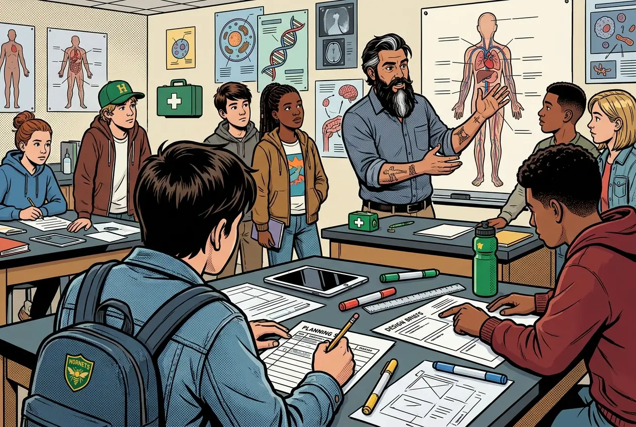 Comic panel 22: Design brief. The brief: problem, users, criteria, constraints. Constraints are the ones people skip and they are what make a design real. Budget, space, staffing, and the fact that you cannot rebuild a hospital.