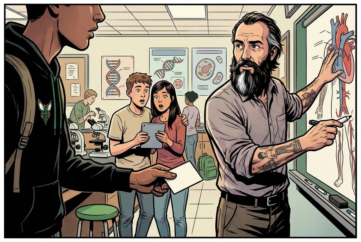 Comic panel 29: Physiology variables. New problem. Human physiology, and what you can actually measure on a person in a classroom: heart rate, reaction time, grip strength, breathing rate.