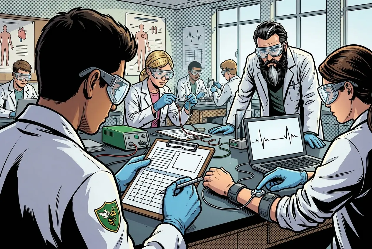 Comic panel 34: Physiology sensor lab. Sensors on people, multiple trials, units on everything. Our first trials were inconsistent because we were not standardizing rest between them.