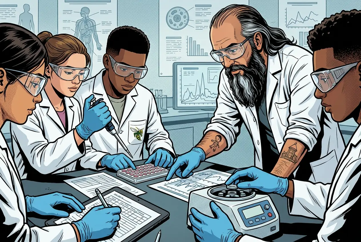 Comic panel 39: Statistics lab analysis. Reanalyzing our week six data properly, with the axis honest and the non-significant result reported as non-significant. MR. MENDOZA says: Nobody lied. Same data, two pictures, opposite claims.