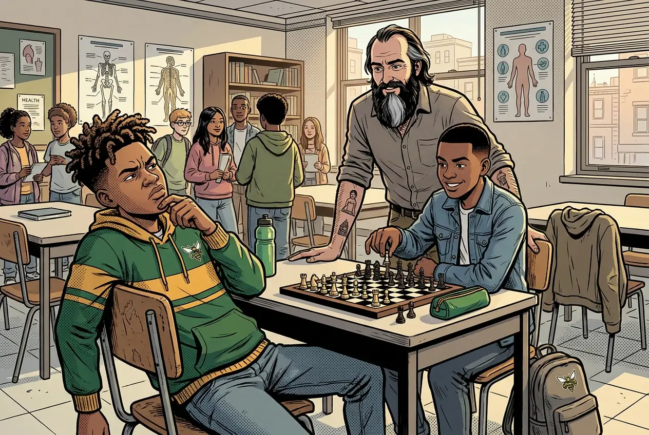 Drawing, panel 46: Chess club.