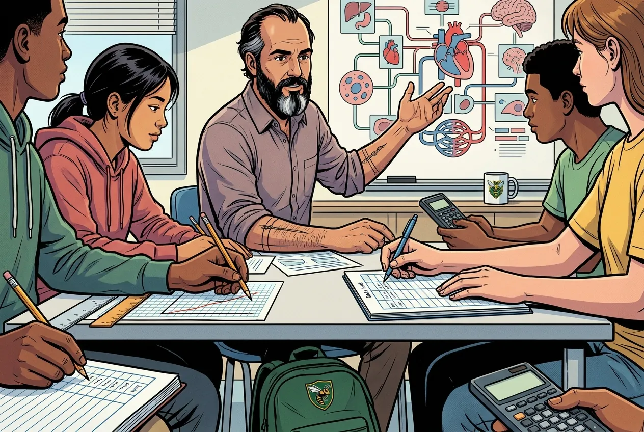 Comic panel 62: Line list. Building a line list: one row per case, columns for the variables that might matter. The structure is what makes the pattern findable.
