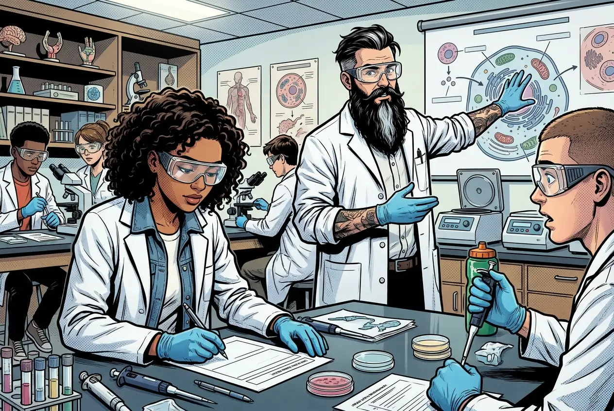 Comic panel 74: Transformation notes. Getting bacteria to take up a plasmid, and why only a small fraction do. The selection step is what finds the ones that worked.