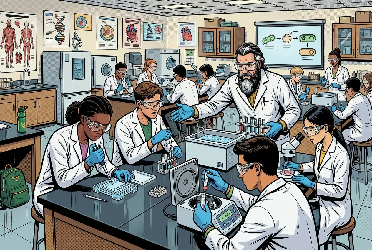 Comic panel 75: Transformation and gel wet lab. The wet lab. Transformation, then a gel to confirm it. My plate had colonies where the control said there should be none, which means contamination somewhere in my technique. ME says: Four courses in and my aseptic technique is still the weakest thing I do.