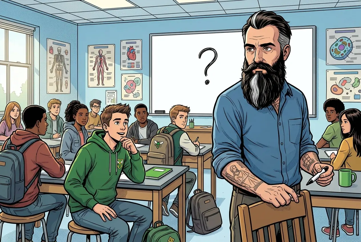 Comic panel 1: Welcome and expectations. First day. No syllabus read out loud. He put a question on the board, let us list what we would need to know to answer it, then told us the list was the course. Twenty one weeks of somebody being sick and us having to work out what it is.