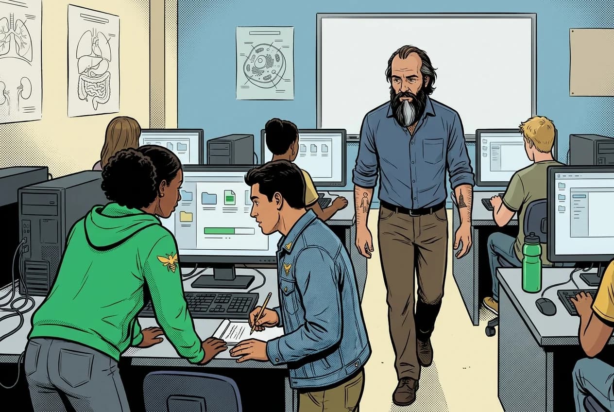 Comic panel 2: How to use the class website. Website day. Where the lesson lives, where the glossary is, and which folder every kind of work goes to. The practice section is open from day two, which I did not expect.