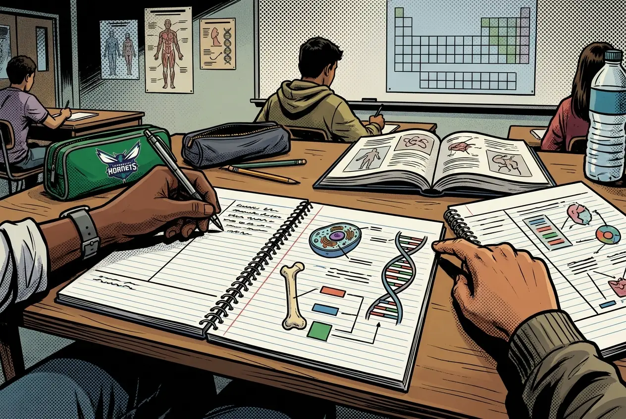 Comic panel 3: Cornell notes and the 6 Rs. Record, Reduce, Review, Reflect, Recite, Revise. He made us Reduce notes we had just taken, and it showed how much I had written down and could not say back.