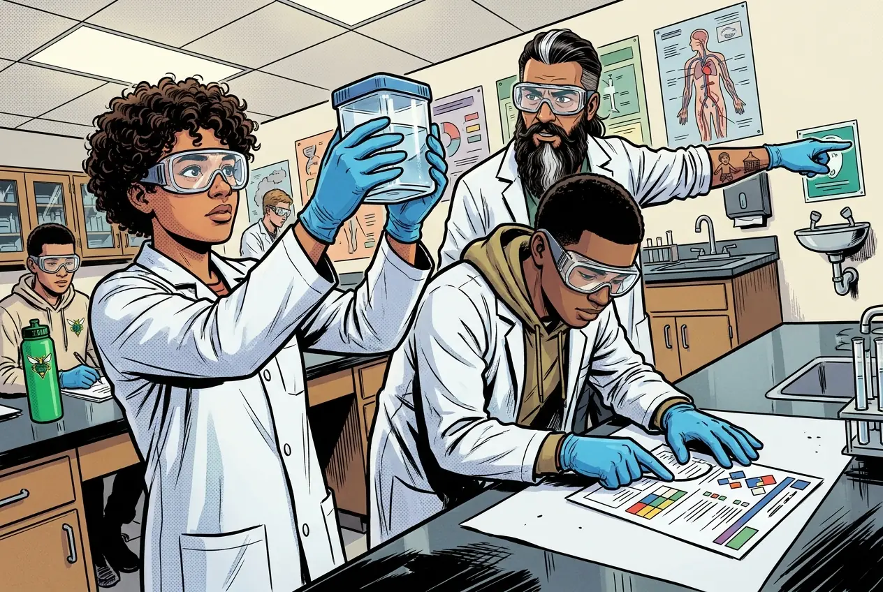 Comic panel 4: Lab safety and how to submit. Safety, and not as a formality. Protective equipment, then finding the hazard and first aid sections on a real chemical before anyone touched anything.