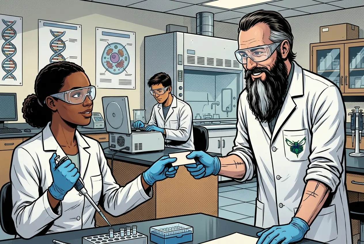 Drawing, panel 6: Lab safety and SDS practical.
