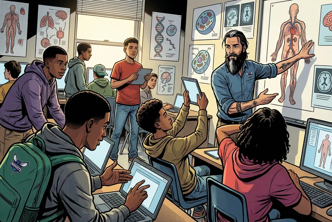 Comic panel 9: Launch portfolio submission. First portfolio submission plus a WebXam pretest, cold, in week one. I did badly and so did everybody, which was the point. It is a baseline, not a grade.