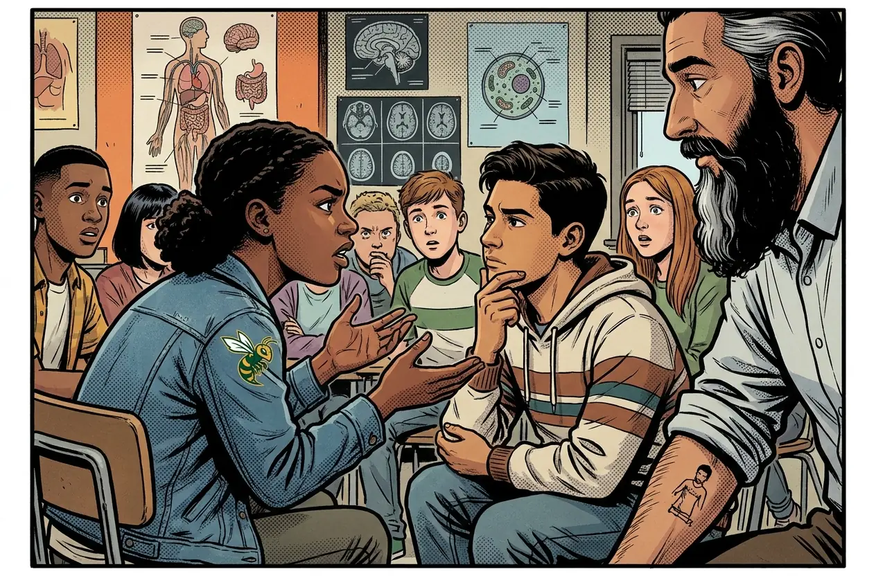 Comic panel 11: Bioethics debate: isolation vs autonomy. Isolation against autonomy. Public health can compel, and the argument is about when that is justified rather than whether it is ever allowed.