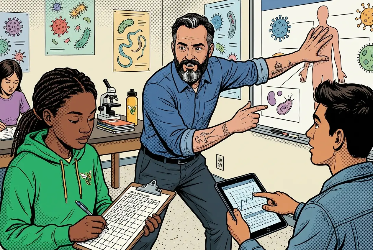 Comic panel 13: Pathogen categories. Bacteria, viruses, fungi, parasites, and what actually separates them. The practical difference is that an antibiotic works on one of those four and does nothing to the rest.