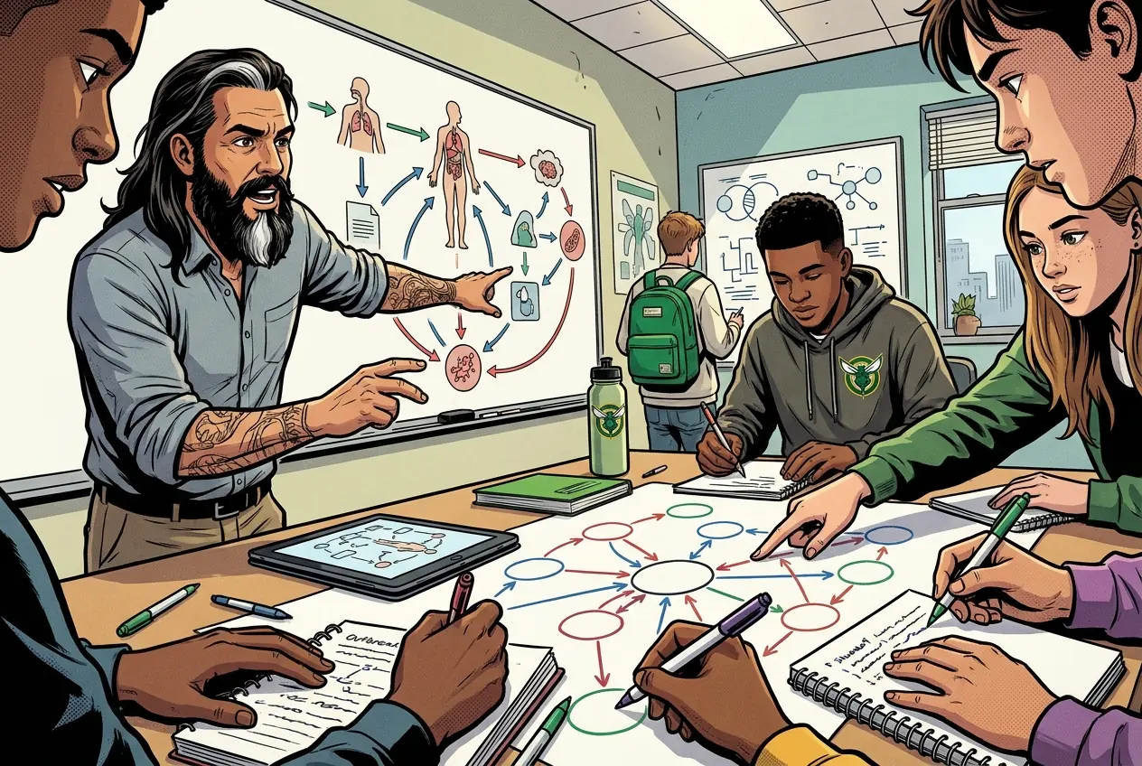 Comic panel 14: Outbreak relationship map. Mapping who contacted whom, when. Our first map was a spaghetti mess until someone suggested ordering it by date instead of by person. Same data, completely different picture, and a cluster appeared. CLASSMATE says: Order it by date instead of by person. It is the same data.