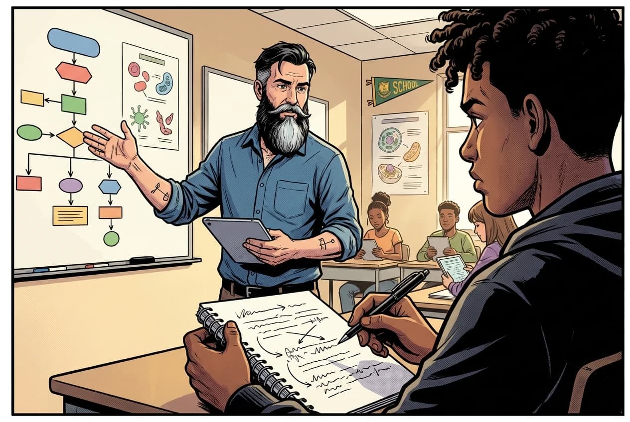 Comic panel 15: Outbreak CER submission. First real CER of the year. Claim, evidence, reasoning. Mine had a reasoning sentence that just restated the claim in new words, which he says is the most common mistake and I have now made it.