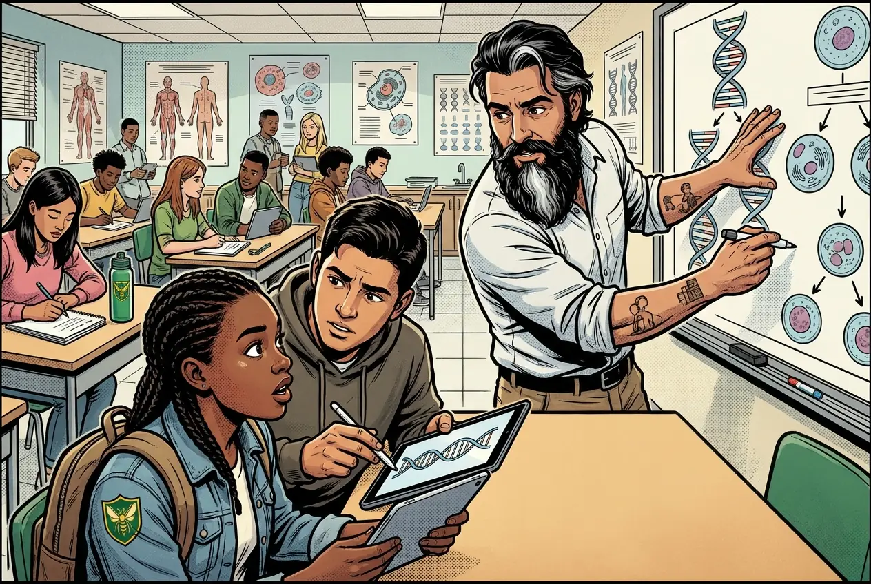 Comic panel 16: DNA sequencing basics. How sequencing actually produces a readable order of bases, and why that string is enough to identify an organism.