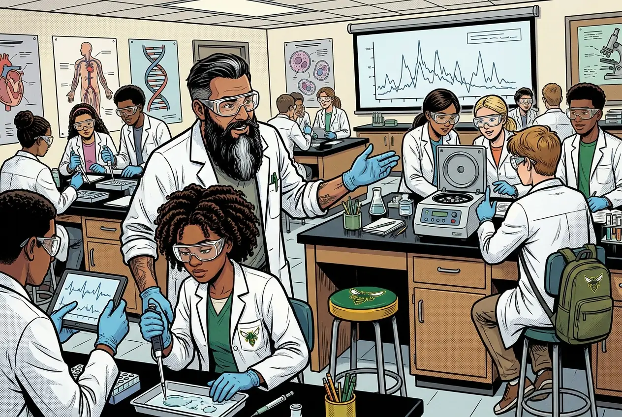 Comic panel 17: BLAST computer lab. The whole class in the computer lab running BLAST, which compares an unknown sequence against a global database and ranks what it matches. ME says: A confident top hit that covers a tenth of your sequence means nothing. I would have been fooled yesterday.
