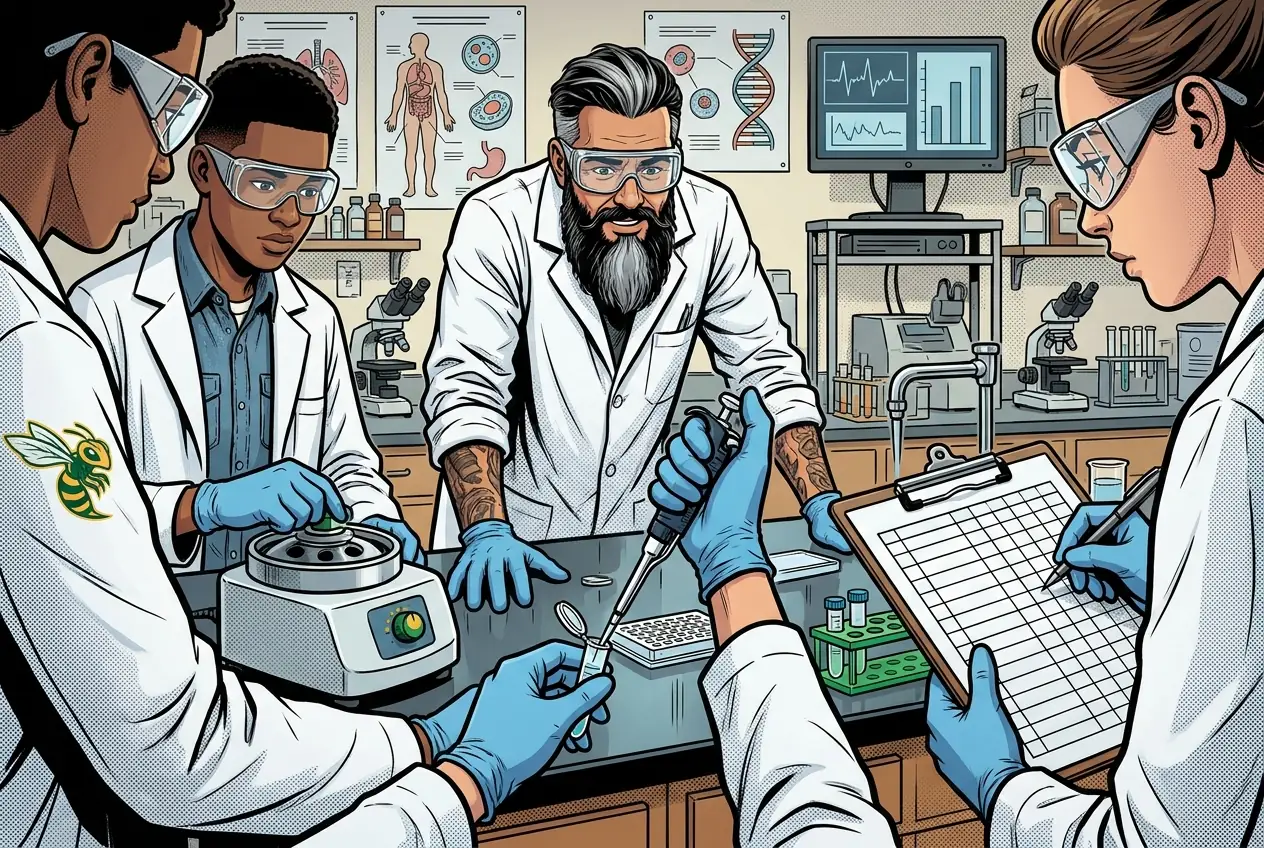 Comic panel 19: Pathogen-ID report submission. Full report: sequence, BLAST result, E-value, coverage, and a statement of what the identification does not prove.