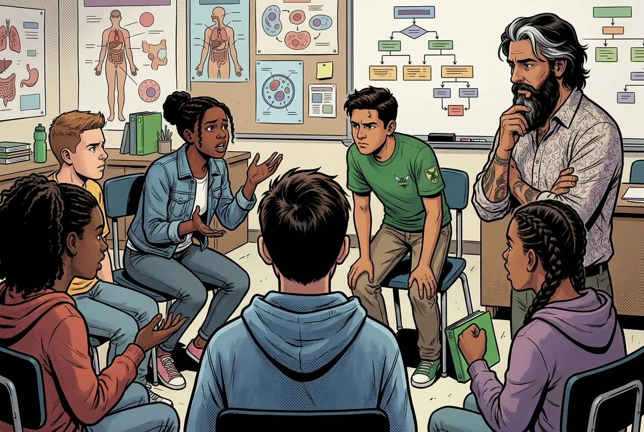 Comic panel 20: Bioethics debate: who gets the test. Who gets the test. There are never enough, so the question is which rule for choosing you could defend to the person you turned away.