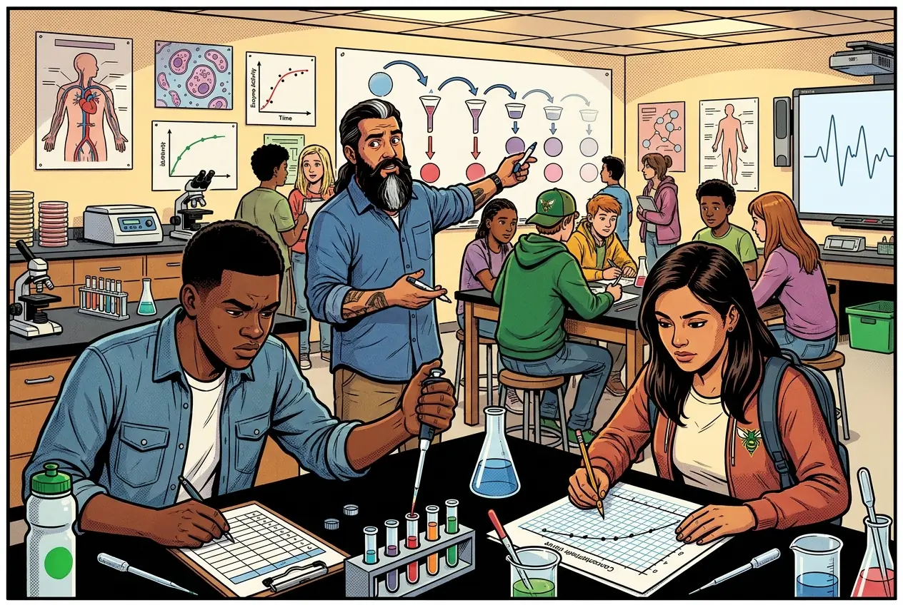 Comic panel 21: Concentration and serial dilution. Serial dilution: each step is the same fixed reduction, so ten of them get you very small very fast. It is the only practical way to get to the concentrations these assays need.