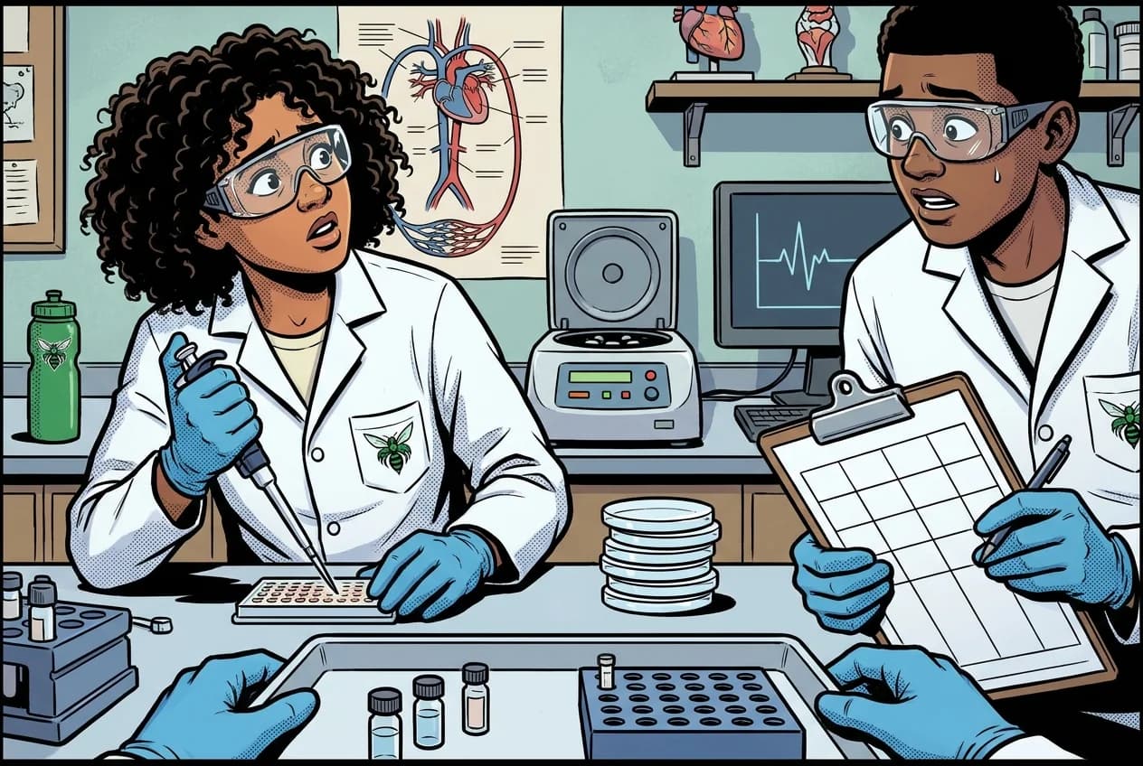 Comic panel 22: Standard curve and lab prep. The standard curve is the thing that makes a colour mean a number. Known concentrations, measured responses, a line through them, and then you read your unknown off the line.