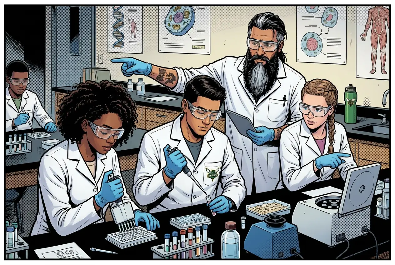 Comic panel 24: Dilution and ELISA model submission. Dilution calculations, standard curve, model diagram.