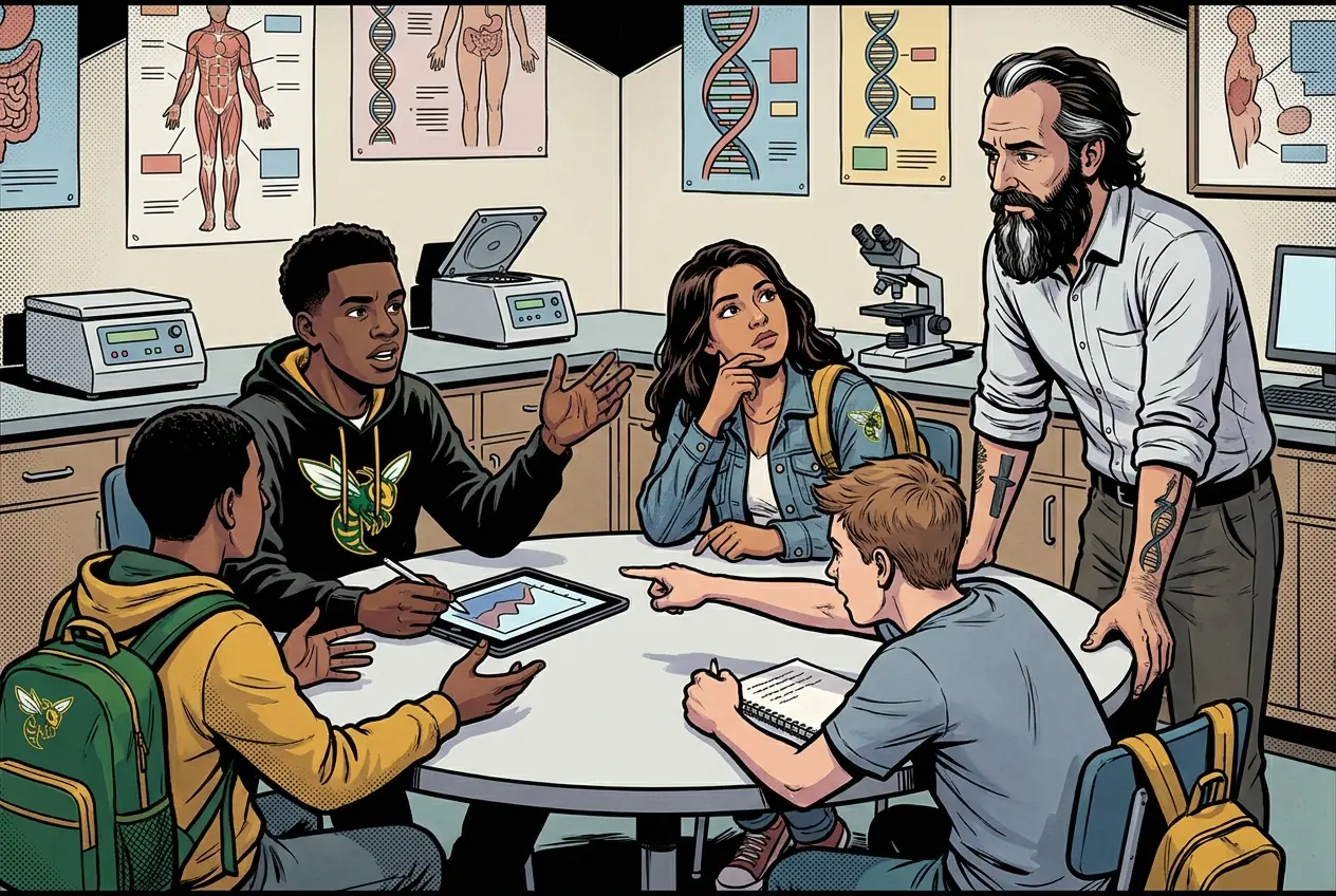 Comic panel 25: Bioethics debate: false results. False results. A false negative sends someone home contagious. A false positive treats someone who is well. You cannot eliminate both.