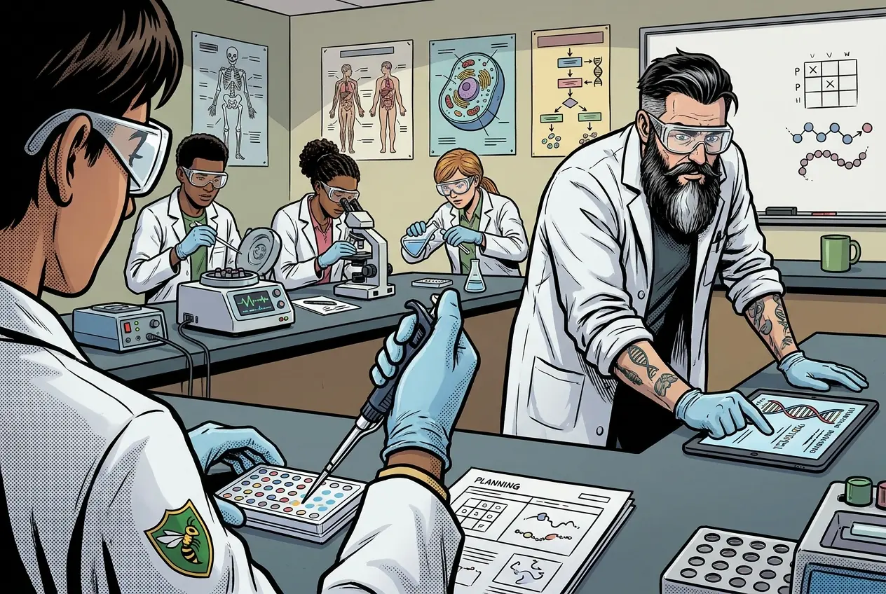 Comic panel 26: Controls and wet-lab plan. Positive control, negative control, blank. If the negative control comes up positive, every result on that plate is meaningless.