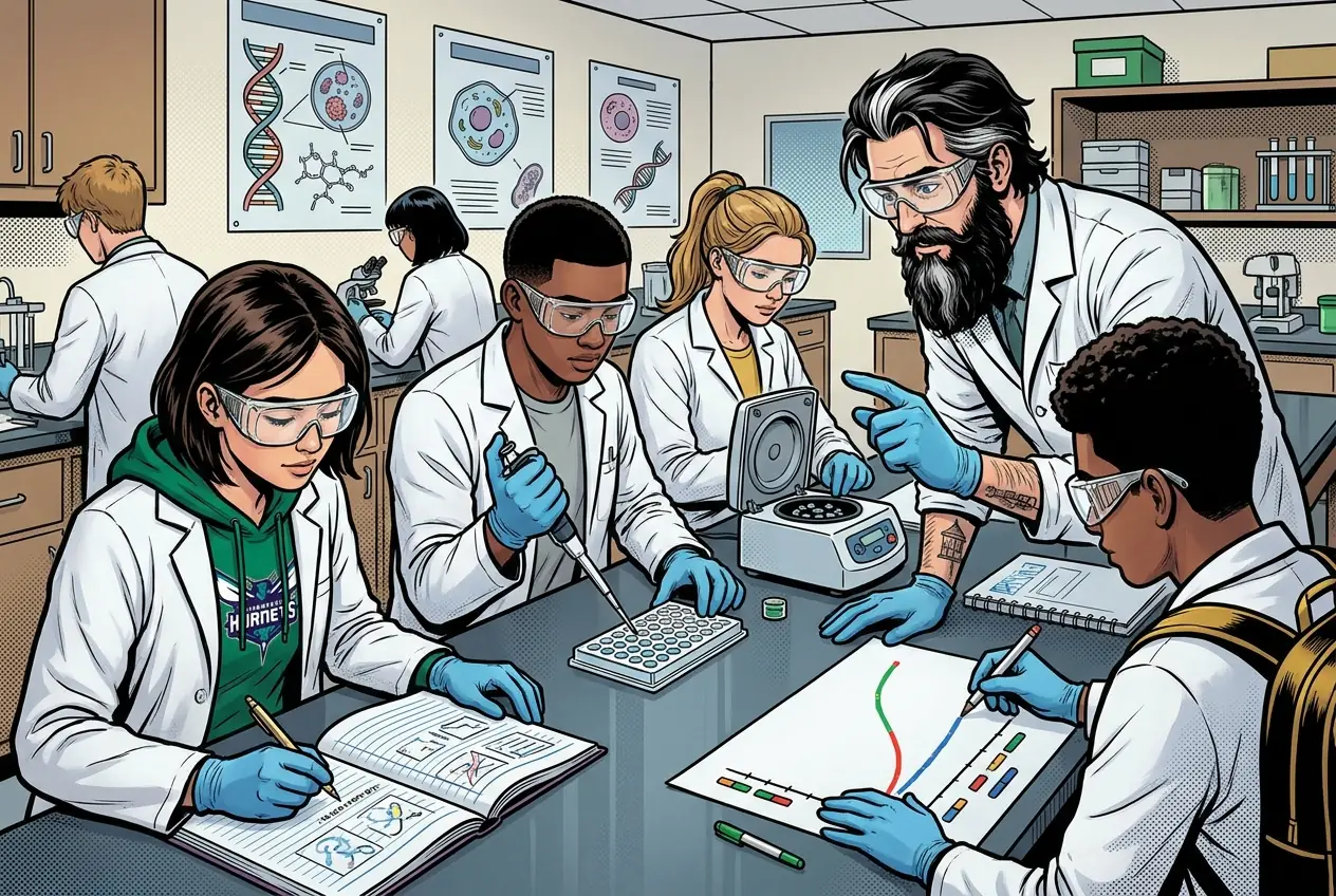 Comic panel 27: Wet ELISA lab. Actual plate, actual pipettes, actual colour change. My hands were not steady and my volumes were not consistent for the first row, which you can see in the data. MR. MENDOZA says: Good. You caught it. The dangerous version is the group that never ran a control.