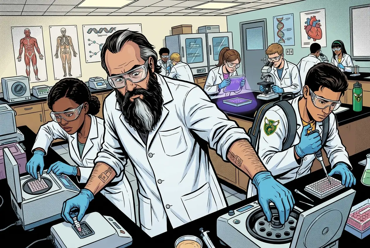 Comic panel 29: ELISA lab report submission. Plate layout, raw absorbance, standard curve, unknowns, and a limitations paragraph about my unsteady first row.