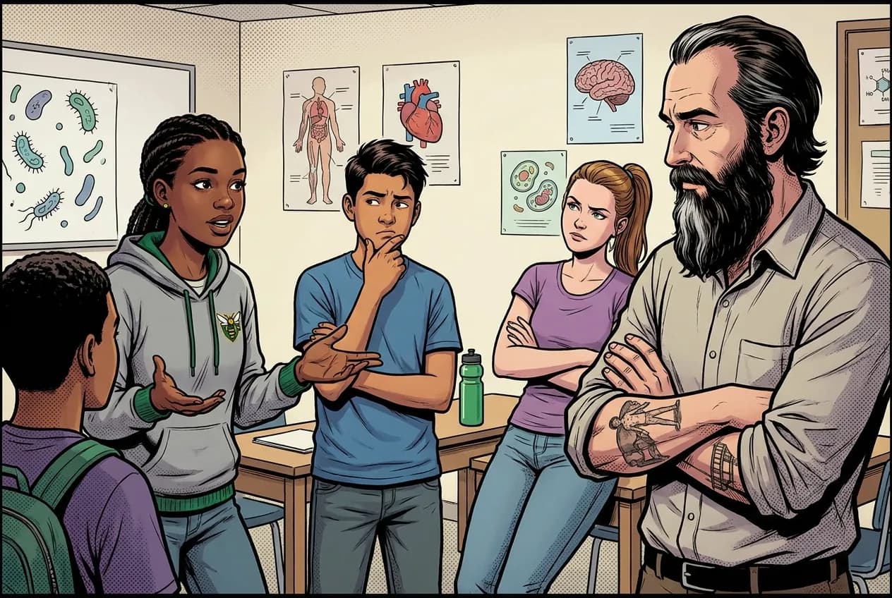 Comic panel 30: Bioethics debate: antibiotic stewardship. Antibiotic stewardship. The prescription that helps this patient a little is the one that costs the next patient a lot.