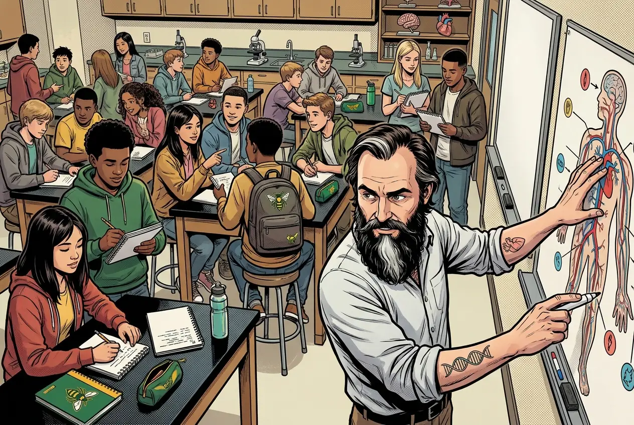Comic panel 33: Resistance and stewardship. How resistance arises and spreads. It is not that individual bacteria learn, it is that the ones that already survive get to reproduce.