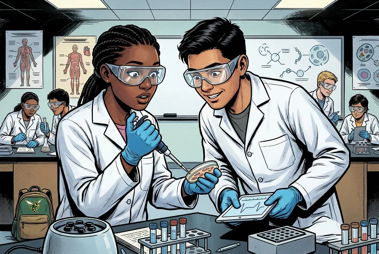 Comic panel 34: Antibiotics report submission. Zone measurements, comparison, a claim about which agent was most effective, and the measurement disagreement written into the limitations.