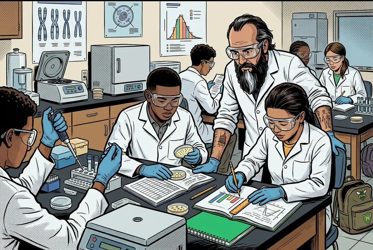 Comic panel 38: Culturing and colony data lab. Streak plates and colony counts. My plate had contamination in one quadrant, which is my own technique showing up as data.