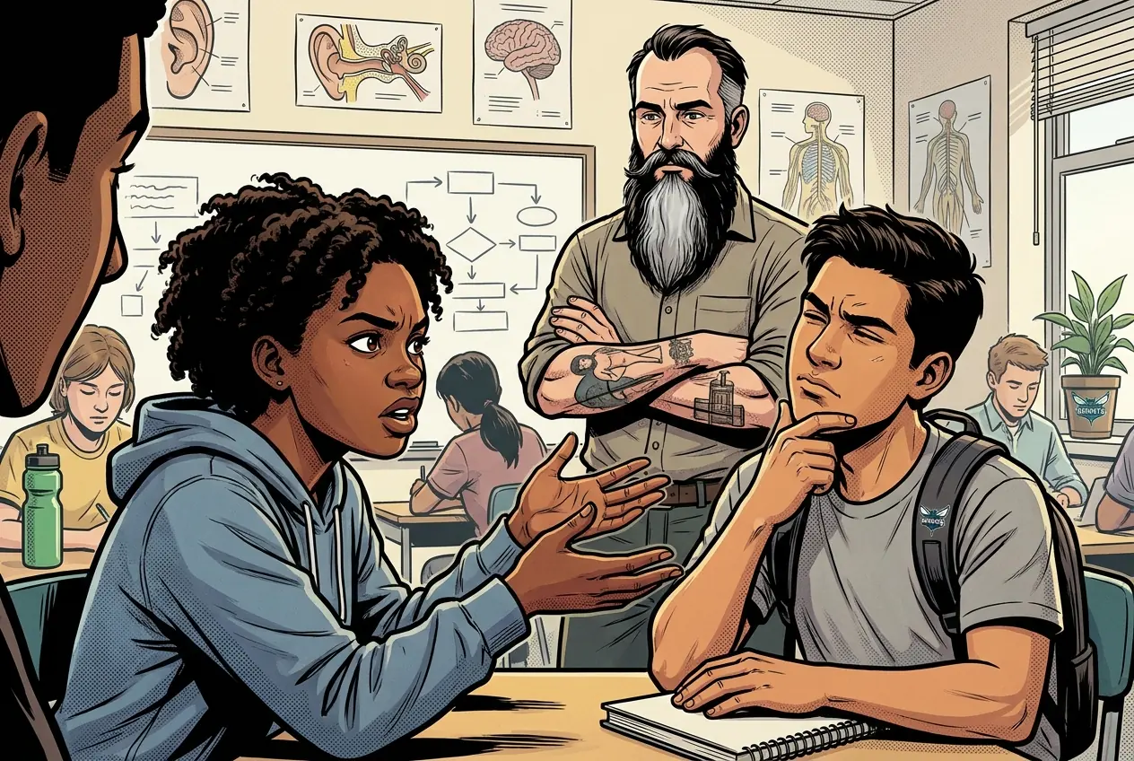 Comic panel 40: Cochlear implant debate. Whether a cochlear implant should be described as a fix. Some Deaf people do not consider deafness a problem needing solving, and framing the implant as a cure carries a claim about their lives.