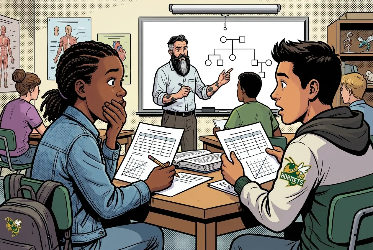 Comic panel 46: Pedigree logic. Reading a family tree for inheritance pattern. Dominant, recessive, sex-linked, each with a signature shape once you know what to look for.
