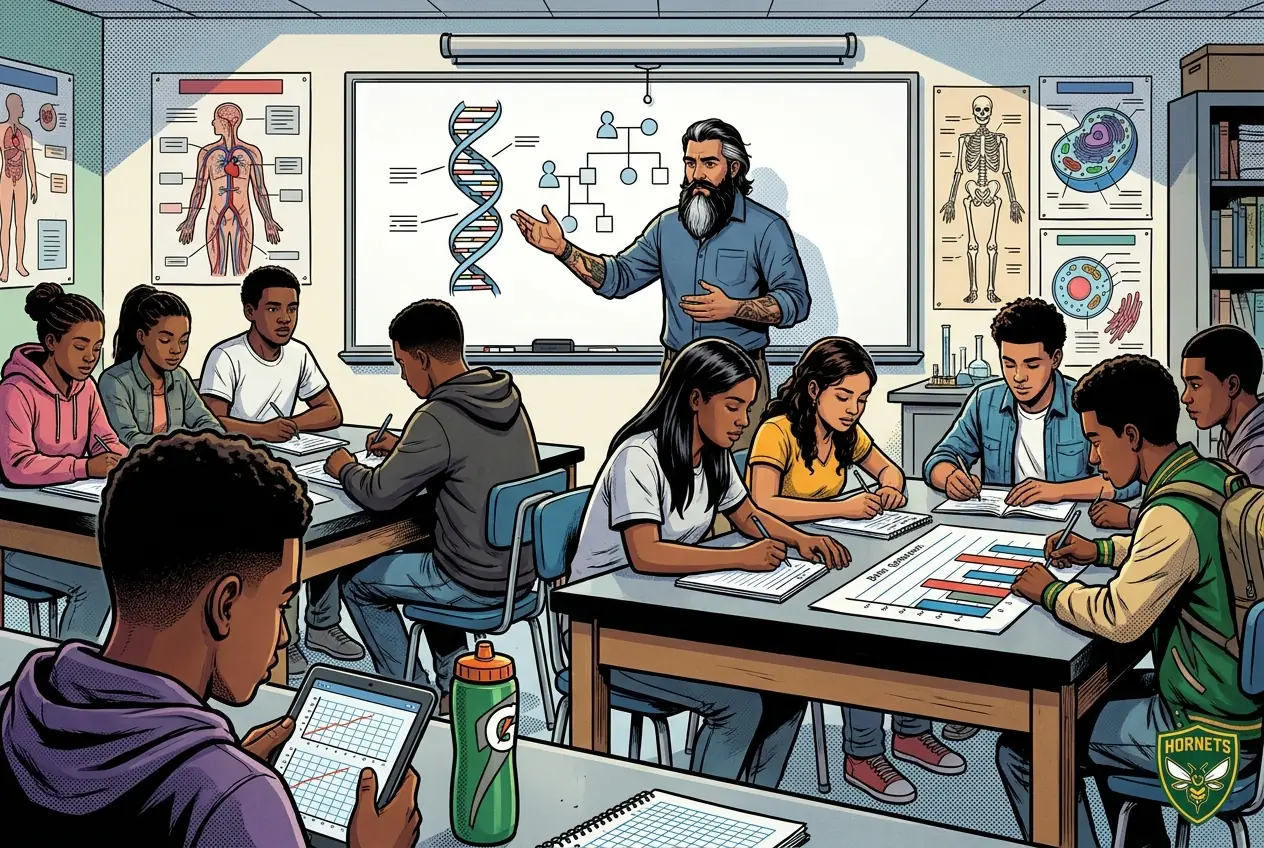 Comic panel 47: SNP and PTC case. A small DNA difference changing a real trait, using the PTC tasting case. Most of whether you taste it comes down to three linked base positions in one gene, TAS2R38, inherited together as a set.