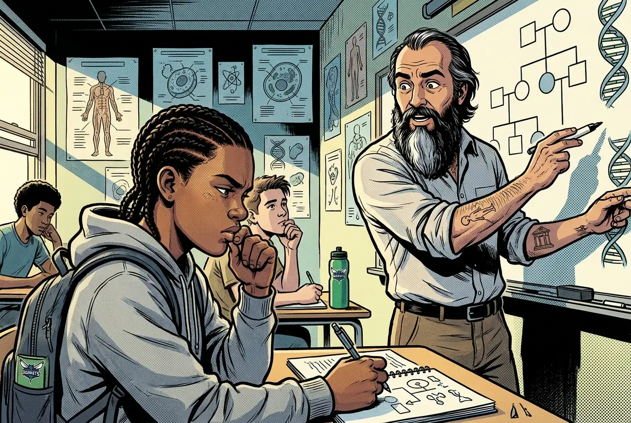 Comic panel 48: Genetic counseling memo. Writing to a family, not to a teacher. Accurate, and readable by someone frightened. PARTNER says: Written as a percentage it reads like a verdict. Say it as families out of a hundred.