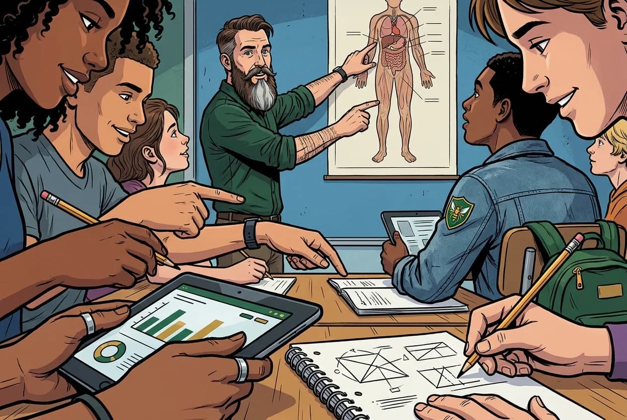 Comic panel 49: MP1 tracker audit. Marking period audit. Everything checked against the rubric with a confidence rating I had to be honest about.