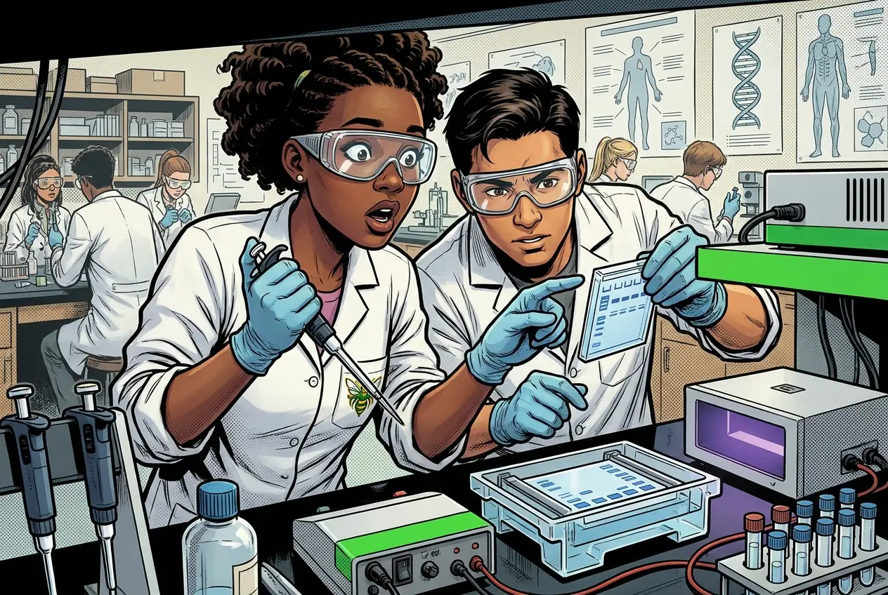 Comic panel 53: Gel electrophoresis lab. Running a gel. DNA is negatively charged so it moves toward the positive end, and smaller fragments travel further through the gel. ME says: I punctured the bottom of the well. That sample is gone and you get one try.