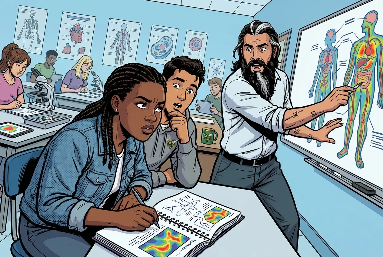 Comic panel 57: Heat-map claim. Reading a heat map, where colour is intensity and the pattern is the finding. Red up, green down, clustered so similar things sit together. MR. MENDOZA says: Three genes is not a pattern. It is a coincidence with good graphic design.