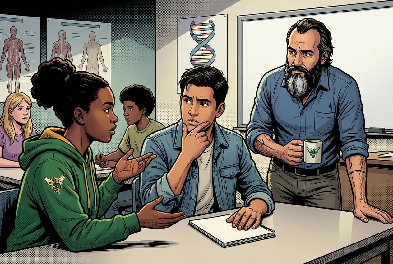 Comic panel 59: Germline editing debate. Editing a somatic cell affects one person. Editing the germline affects everyone descended from them, none of whom can consent.
