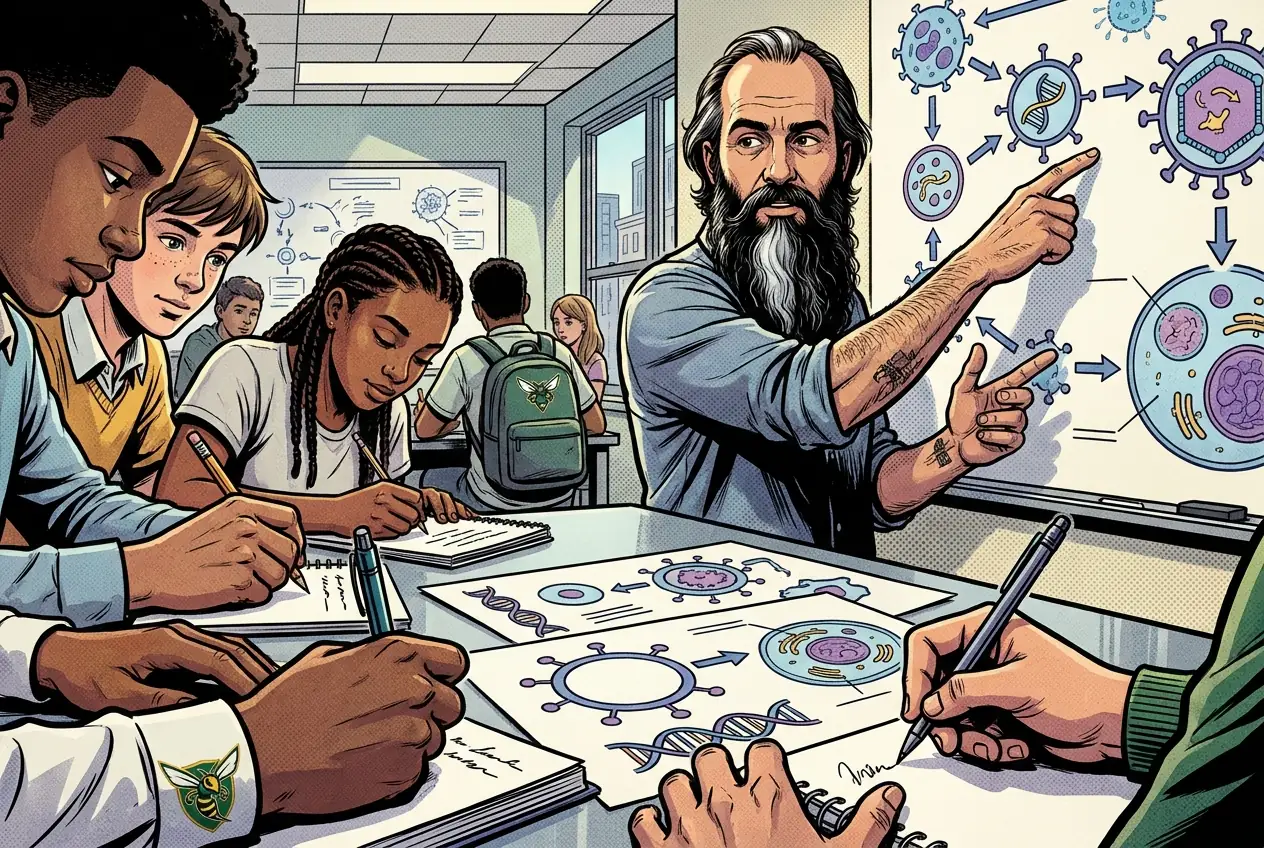 Comic panel 60: Viral vector chart. Using a virus to deliver a working gene, since delivery is what viruses are already excellent at.