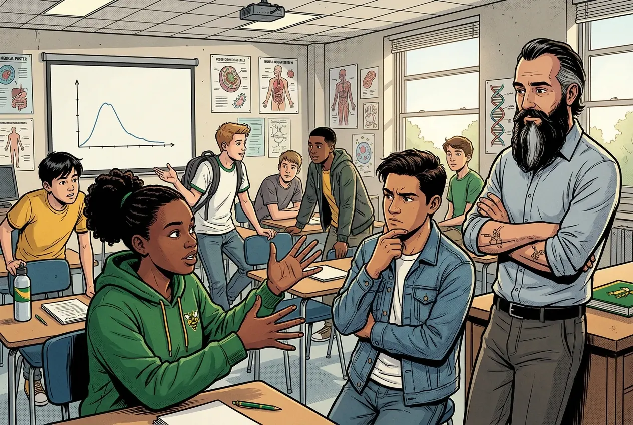 Comic panel 63: Screening equity debate. Who gets offered screening, and what happens when the test exists but access does not. A test nobody can reach is not a benefit, it is a statistic about a benefit.