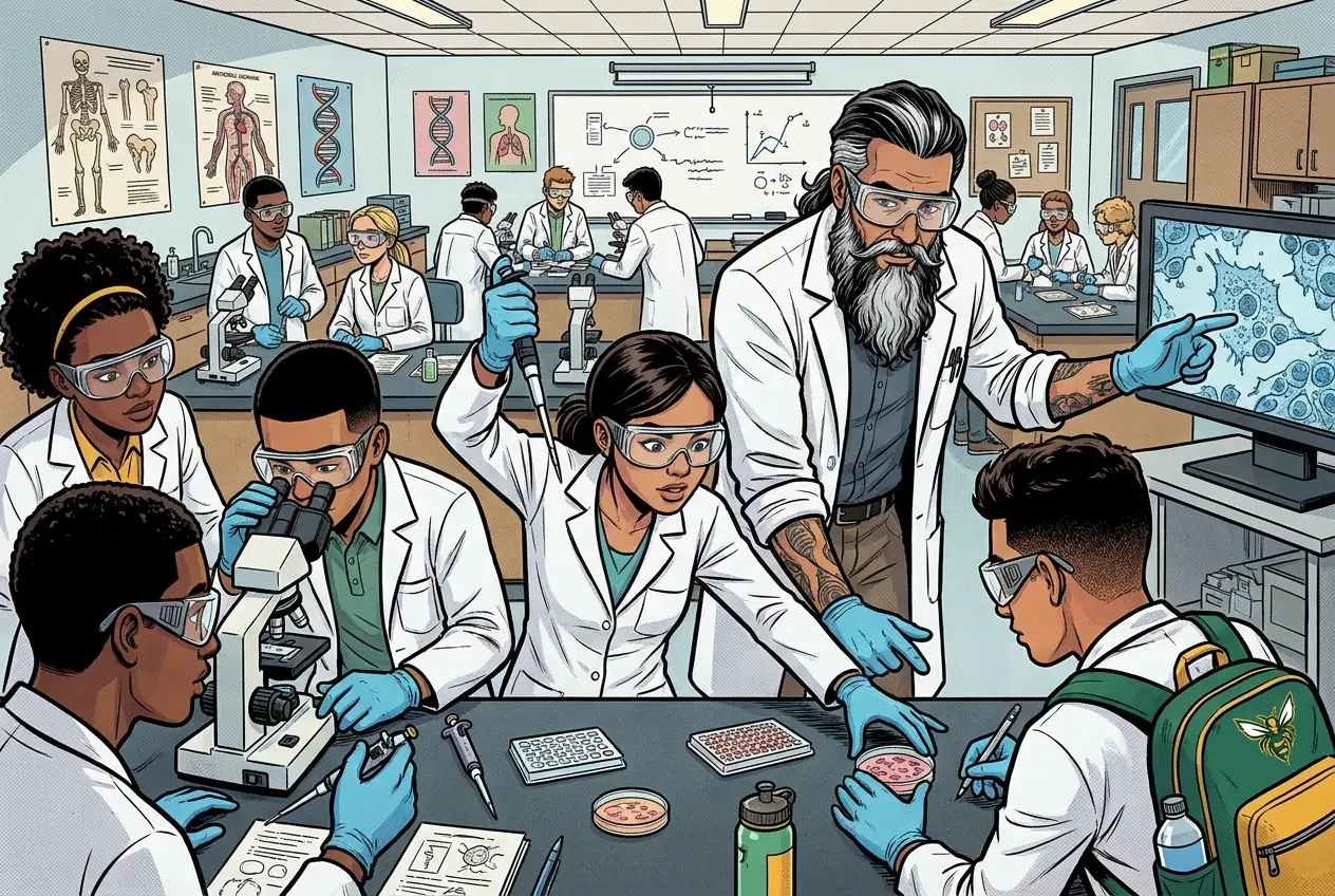 Comic panel 70: Microscopy image baseline. Establishing what normal tissue looks like before looking at anything abnormal. You cannot recognize disordered until you know ordered.